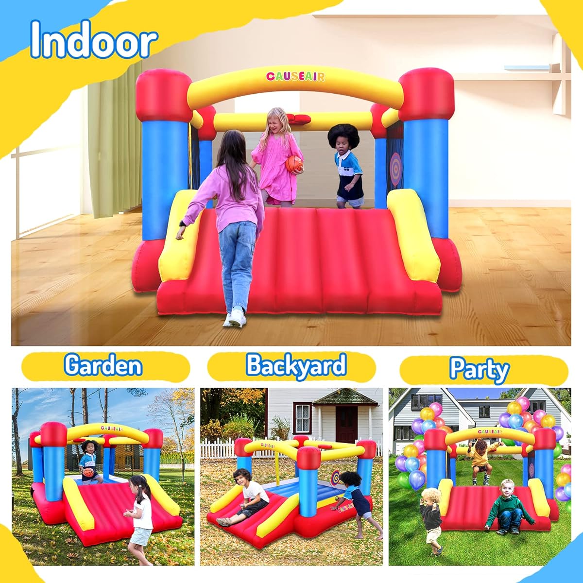 Causeair Inflatable Bounce House with GFCI Blower, 12'L x 9'W, Basketball Hoop, Dart Ball Game, Durable PVC Coated Bounce Area, Jumping Bouncy Castle, Slide