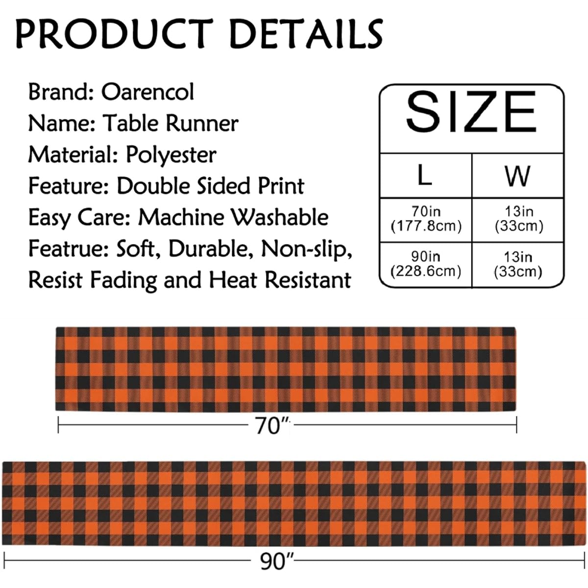 Oarencol Halloween Buffalo Check Table Runner Black Orange Checkered Double Sided 13x70 Inch Polyester Tablecloth