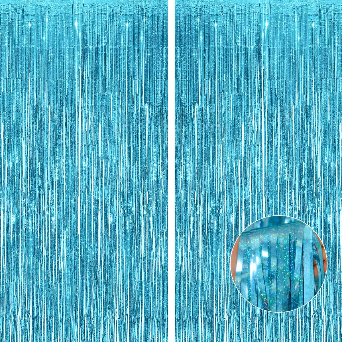 Blue Glitter Tinsel Foil Fringe Curtains Party Decorations Thick 3.3x8ft - 2 Pack Photo Backdrop Birthday Bachelorette Bridal Shower Baby Shower Graduation Party Stream Decor