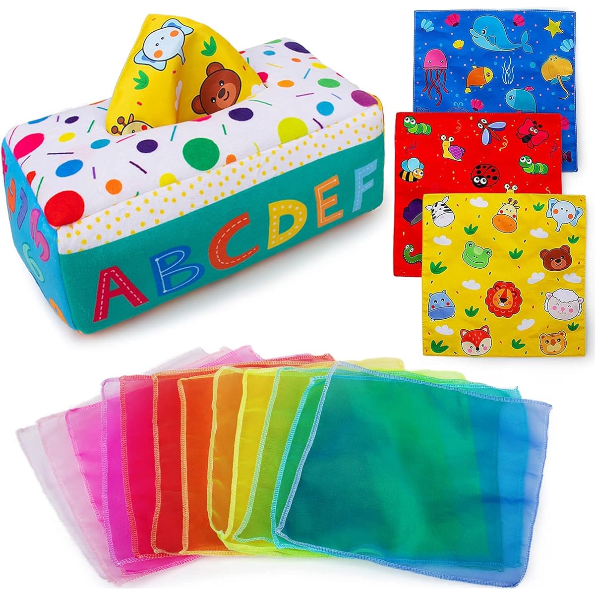 teytoy My First Baby Tissue Box, Soft Stuffed High Contrast Crinkle Montessori Square Sensory Toys Juggling Rainbow Dance Sca