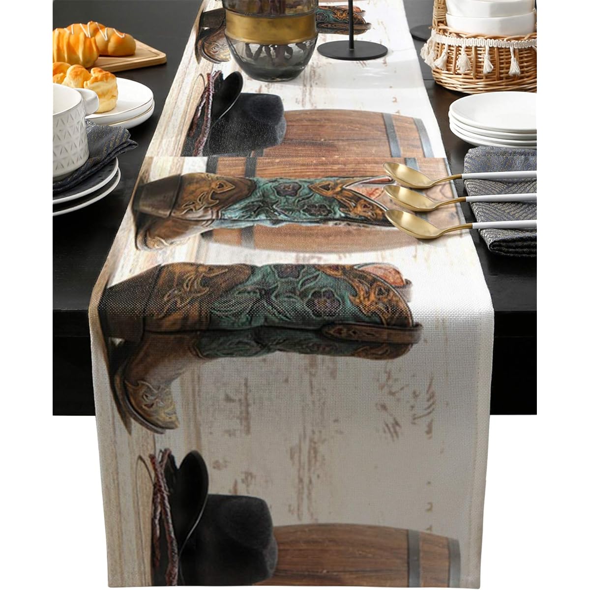 Western Cowboy Boots Floral Decorative Burlap Table Runner 90 Inch Wood Barrel Bed Runner Dresser Scarf Table Top for Indoor Outdoor Party/Ceremony 13" x 90"