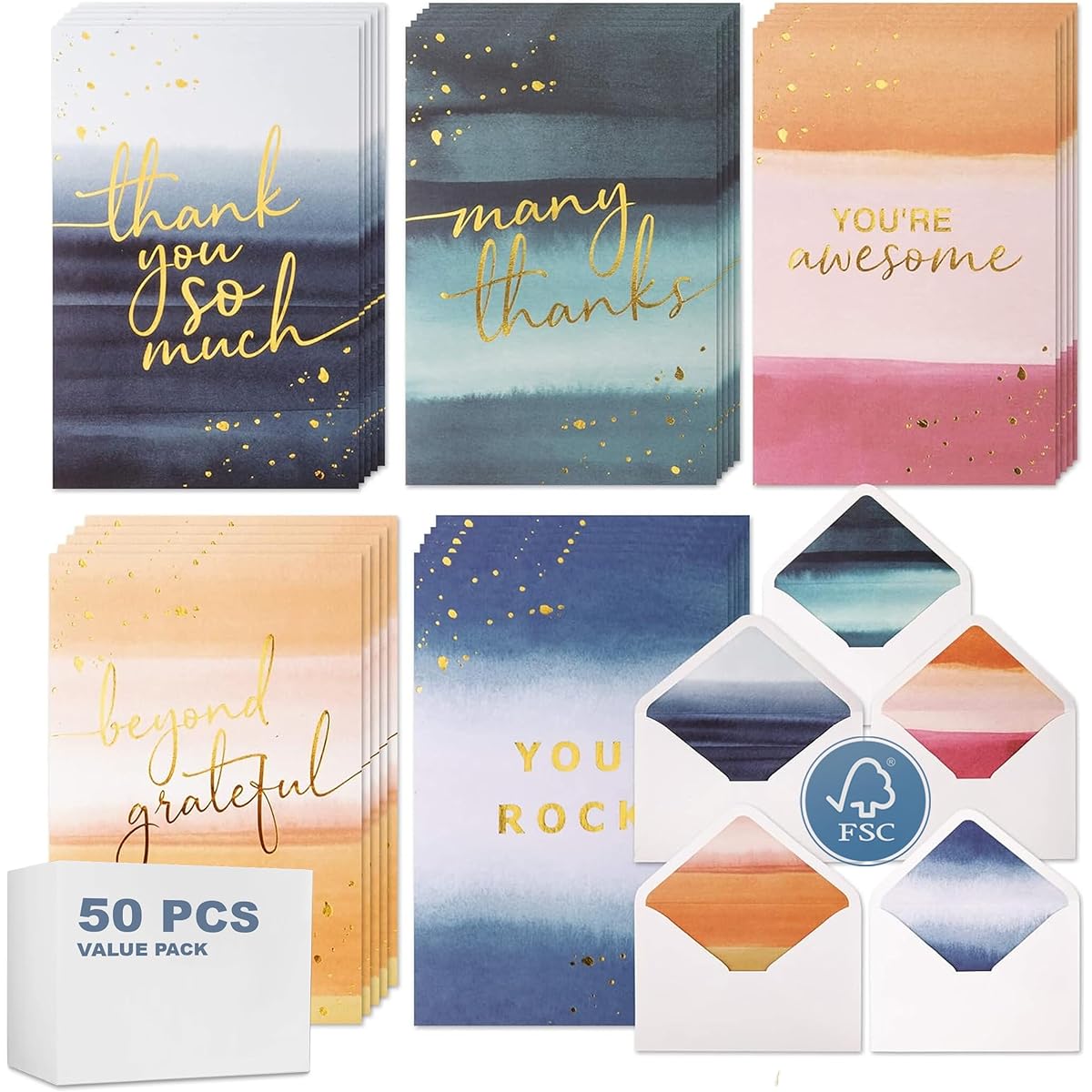 50 Appreciation Cards, Assortment of 4 x 6 in Thank You Cards Great for Gratitude, Employee Recognition, Staff Appreciation & Work Team Anniversary, Bulk Boxed Set Assortment of Encouragement Gold Foil Notecards w/ Envelopes & Stickers