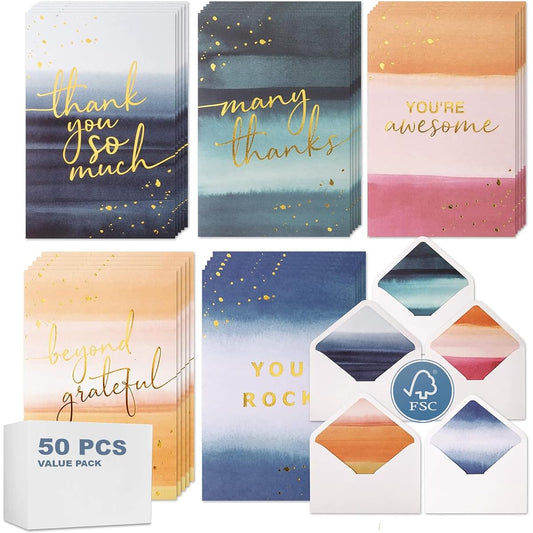50 Appreciation Cards, Assortment of 4 x 6 in Thank You Cards Great for Gratitude, Employee Recognition, Staff Appreciation & Work Team Anniversary, Bulk Boxed Set Assortment of Encouragement Gold Foil Notecards w/ Envelopes & Stickers