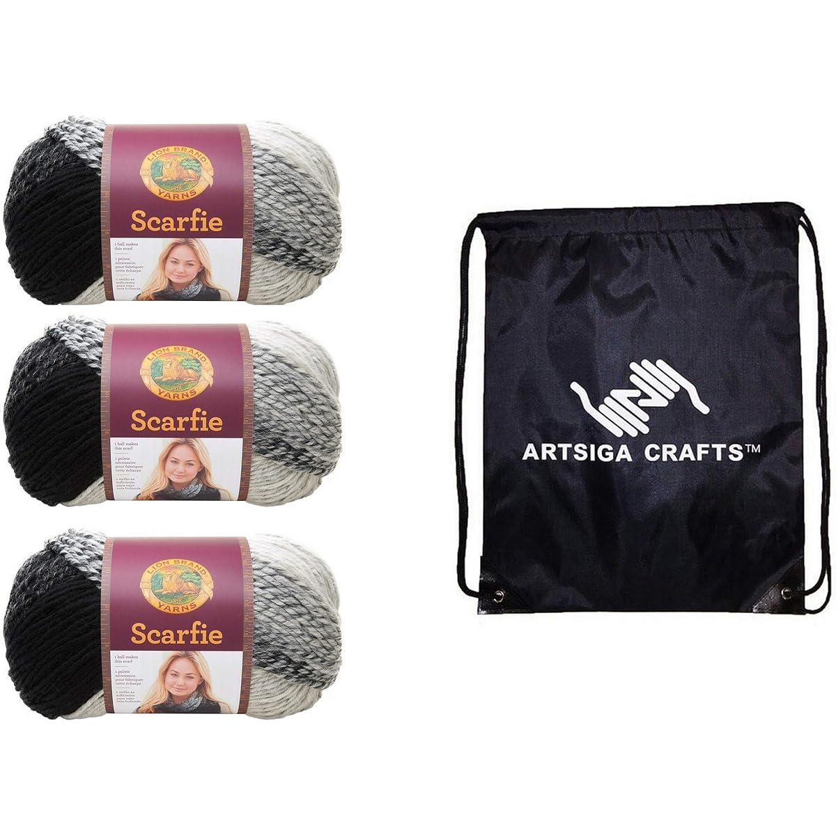 Lion Brand Knitting Yarn Scarfee Cream/Black 3 Skeins Factory Pack (Same Dye Lot) 826-201 Includes 1 Artsiga Crafts Project Bag