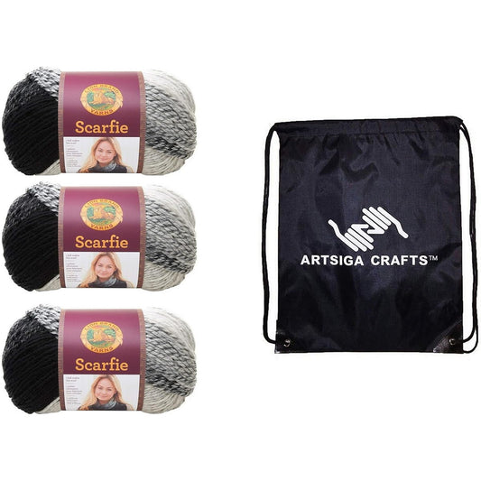 Lion Brand Knitting Yarn Scarfee Cream/Black 3 Skeins Factory Pack (Same Dye Lot) 826-201 Includes 1 Artsiga Crafts Project Bag