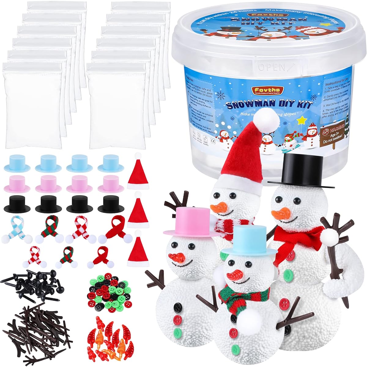 Fovths 15 Piece Christmas Snowman Making Set Snowman Craft Kit Foam Putty Snowman DIY Toy Modeling Clay Decorations for Christmas/School/Home Party Favors