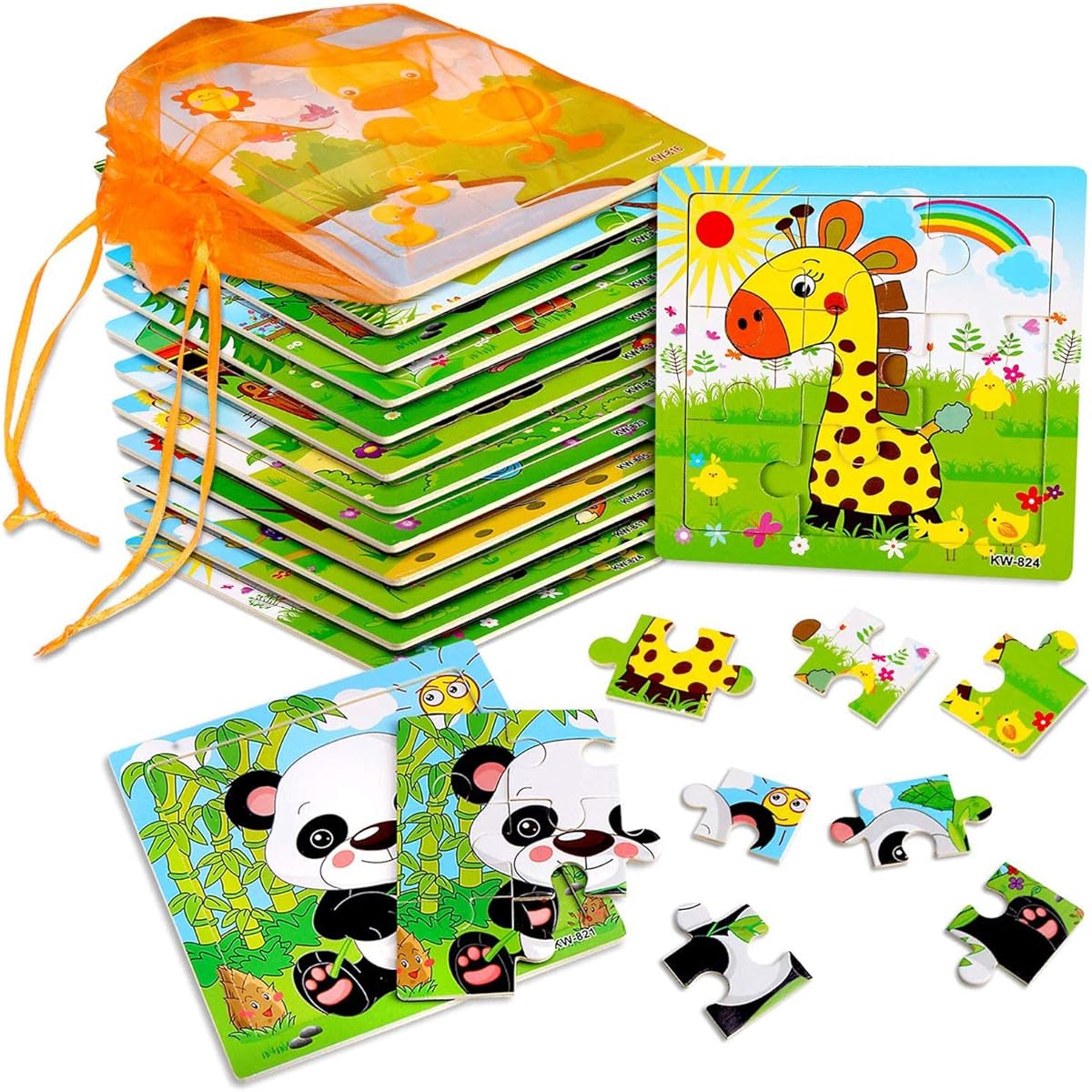 SANNIX 12 Pack Jigsaw Puzzles for Toddlers, Wooden Animal Jigsaw Puzzles 9 Pieces with 12 Organizing Bags for Kids Ages 2 3 4 5 Preschool Educational Puzzles Learning Travel Toys for Boys Girls