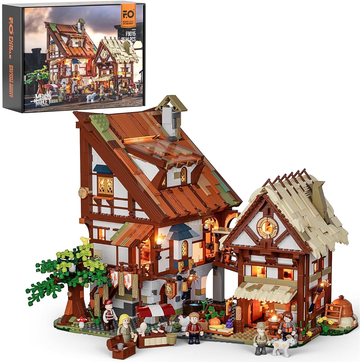 FUNWHOLE Medieval Market Lighting Building Bricks Set - Medieval Town LED Lights Building Model Set 2614 Pieces for Adults and Teens