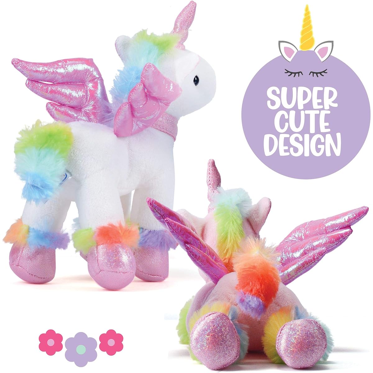 Prextex Unicorn Plush Toy 4 Piece Cute Unicorn Stuffed Animal - Rainbow Unicorn with Animal Wings