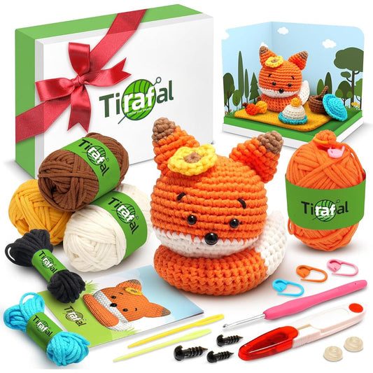 Tirafal Crochet Kit for Beginners: Crochet Animal Kit with Yarn Crochet Gift Box with Scenic Display Step-by-Step Video Tutorial for Adults and Children DIY Knitting Supplies - Spring Fox Theme