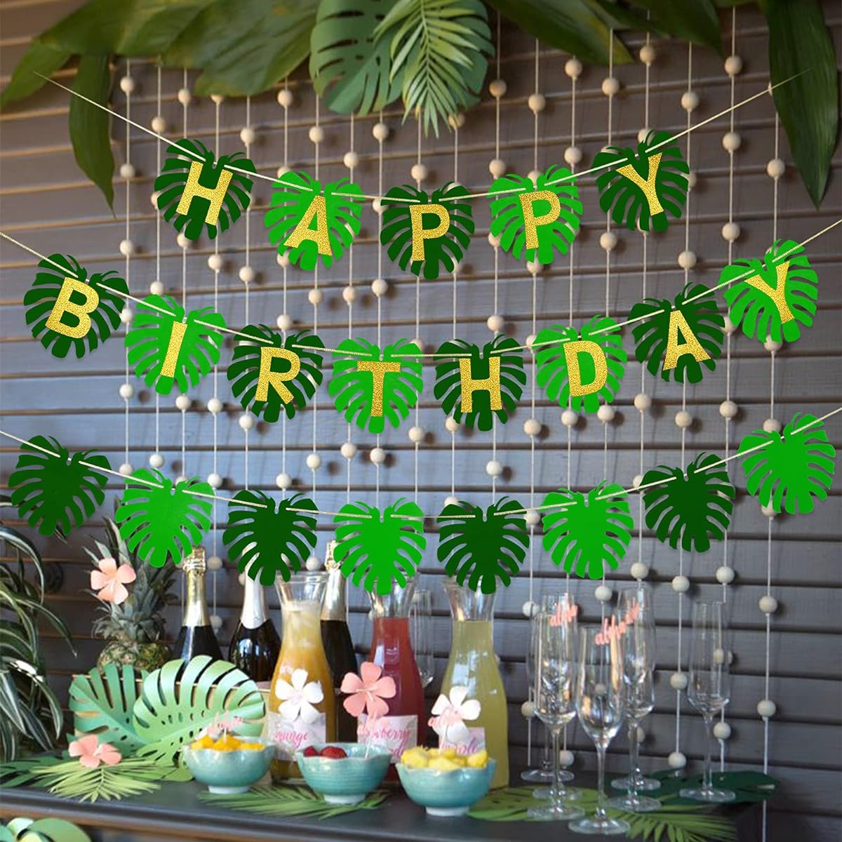 Tropical Birthday Party Decorations - Glitter Tropical Palm Leaf Happy Birthday Banner Tropical Palm Leaf Banner Hawaiian Flamingo Luau Birthday Decorations
