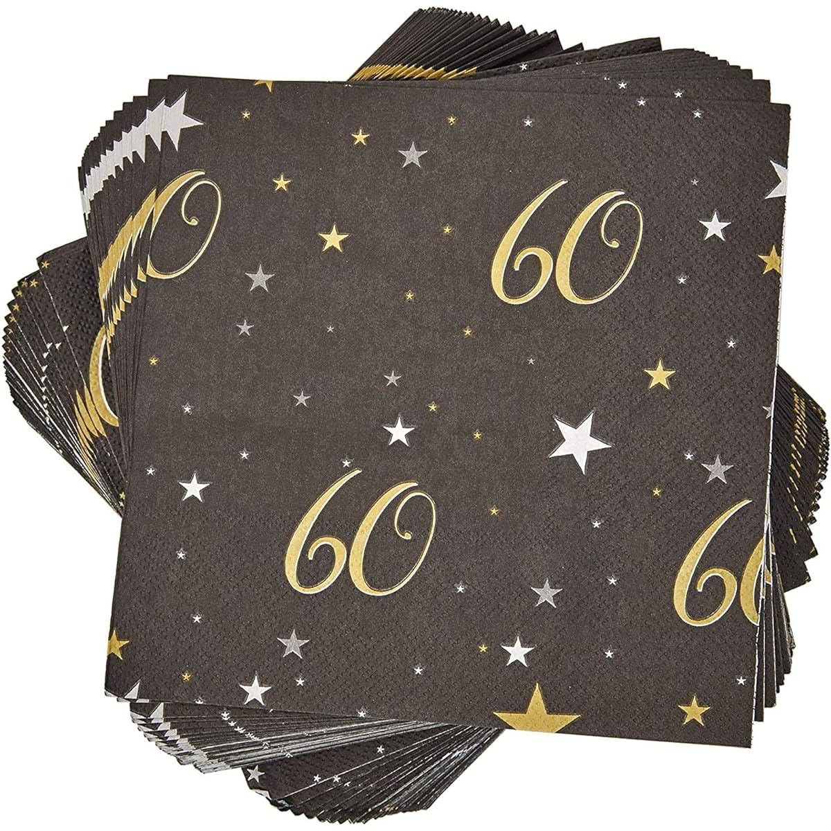 Black Paper Napkins for 60th Birthday Party (6.5 inch, pack of 100)