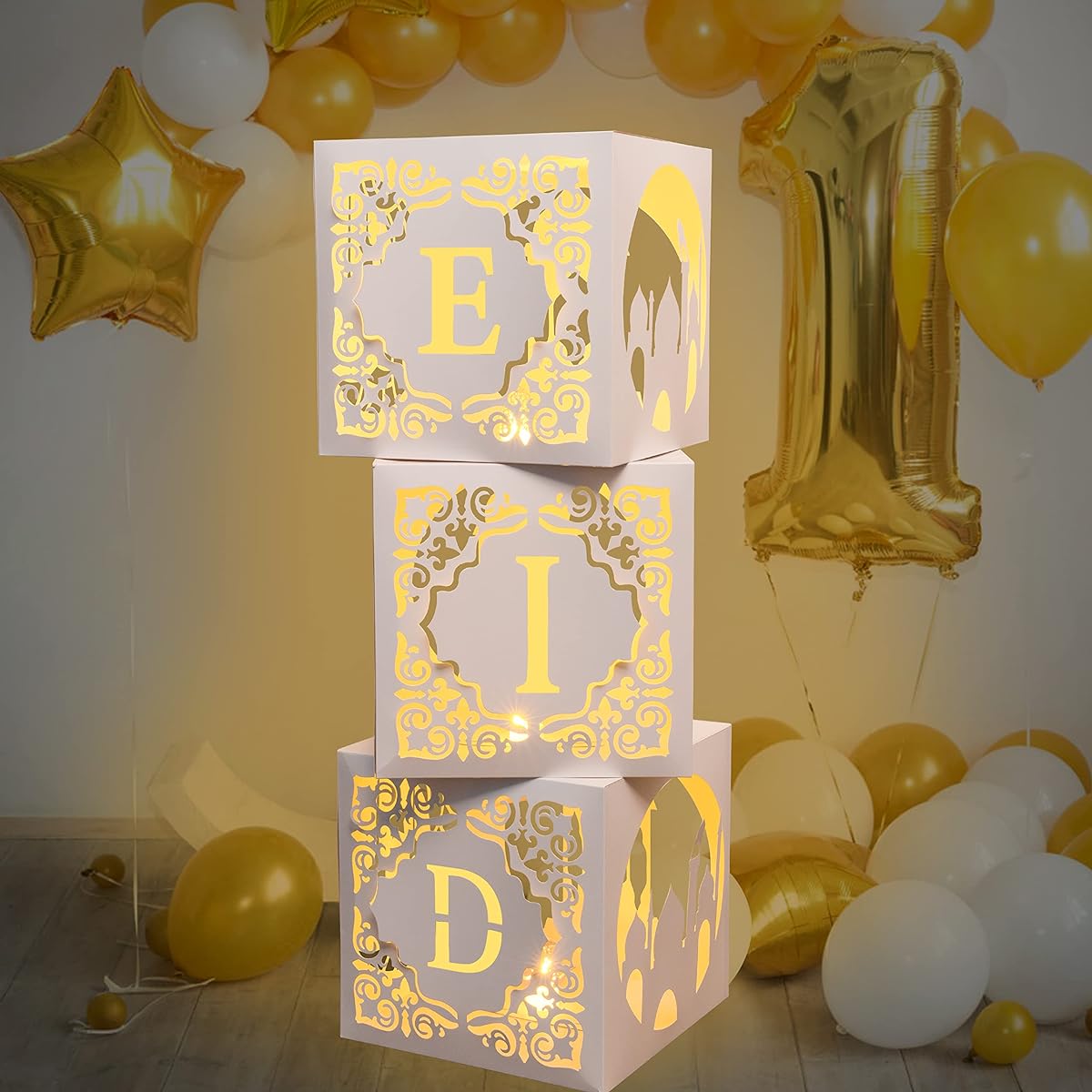 H1vojoxo Mubarak Eid Hollow Boxes 3 Pieces Islamic Ramadan Hollow Boxes for Home Eid Mubarak Decorations Party Supplies Muslim Islamic Hollow Boxes for Party Favors Eid al-Fitr Hollow Boxes