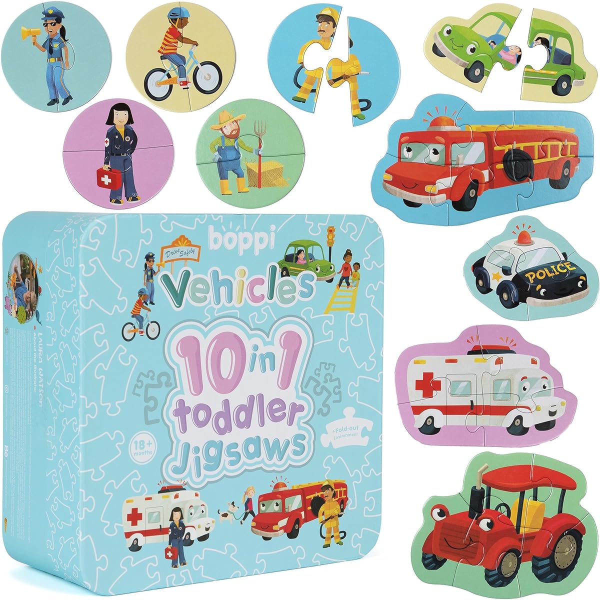 boppi 10 in 1 Progressive Jigsaw Puzzle Vehicle Puzzle for Toddlers Ages 18 Months and Up Toddler/Child Development Toy Car Puzzle Made with 100% Recycled Cards