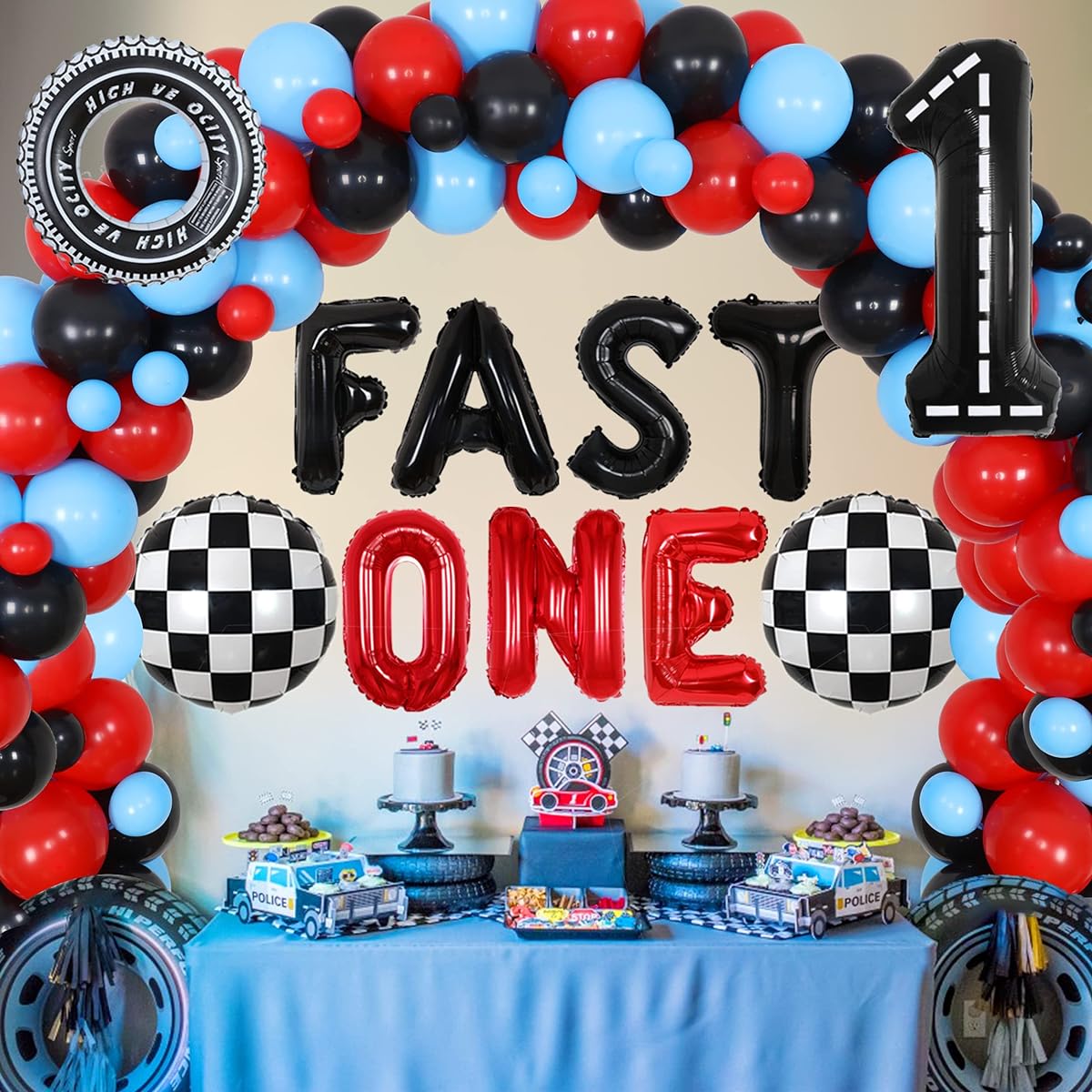 Racing Car 1st Birthday Party Decorations for Boys Fast One Let's Go Racing Birthday Supplies Cars Race Car Balloon Garland Kit with Checkered Flag Balloons Inflatable Tire Balloons for 1 Year Old Kids Boys