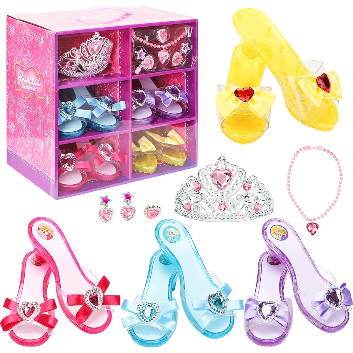 Fedio Girls Princess Dress Up Shoes Role Play Collection Shoe Set with Princess Tiara and Accessories Jewelry