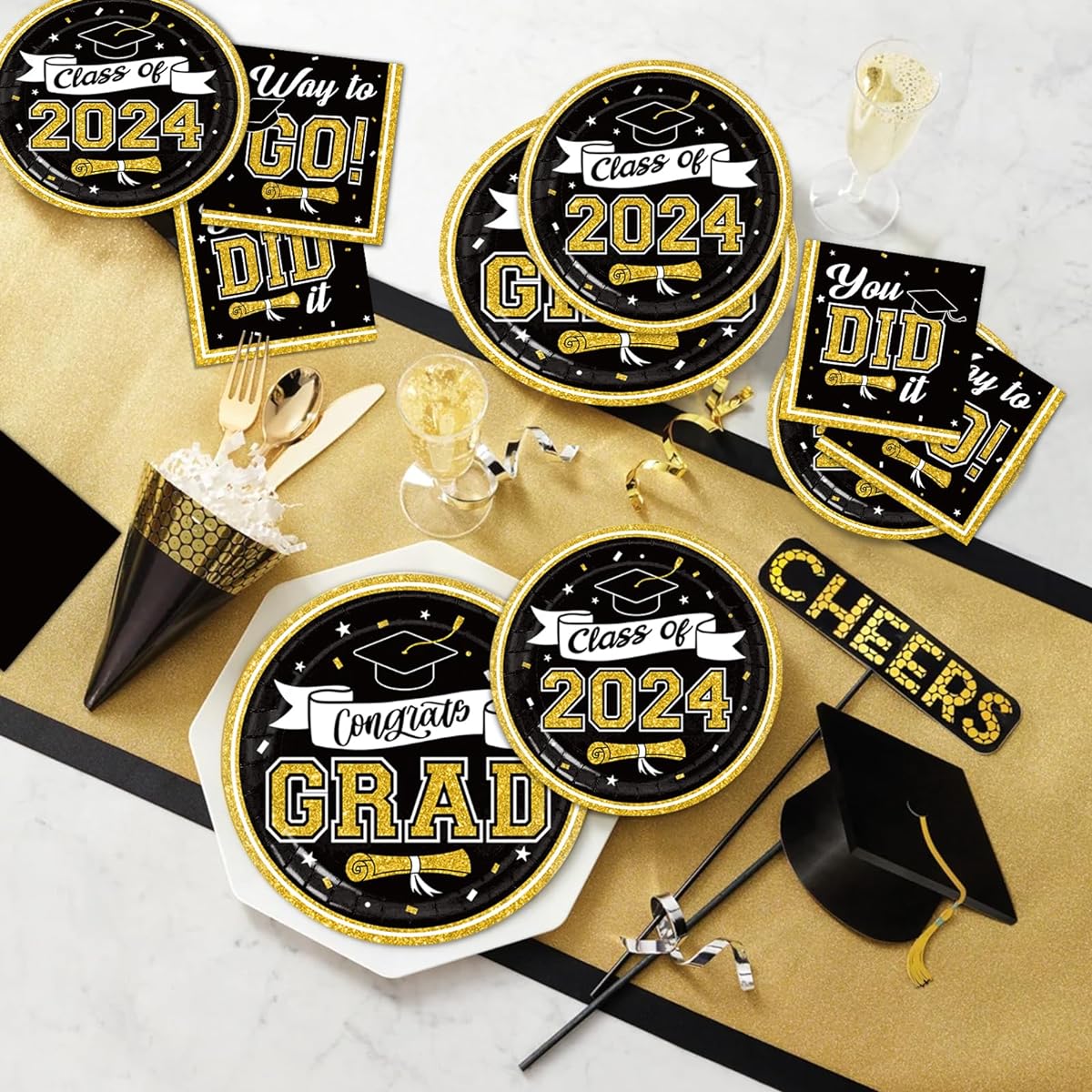 DAZONGE Graduation Decorations Class of 2024 Black and Gold Disposable 2024 Graduation Party Decorations for 50 Guests Graduation Tableware Set Plates and Napkins