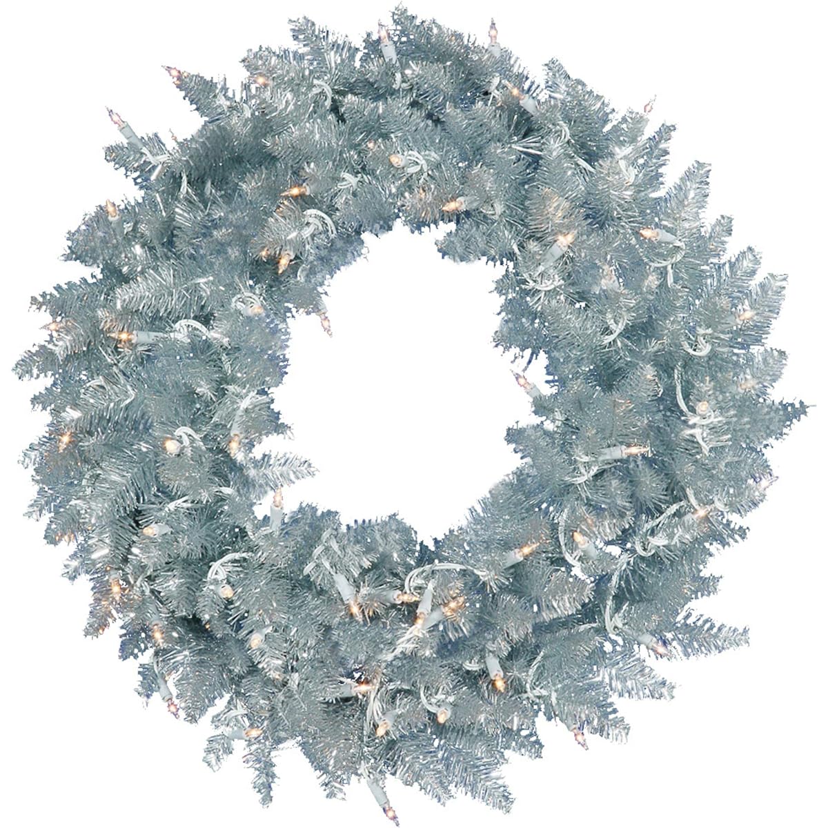 Vickerman K166948LED Wreath 480 Pvc Chips & 150 Dura Lit LED Italian Style Lights on Gray Wire, 48" Warm White/Silver