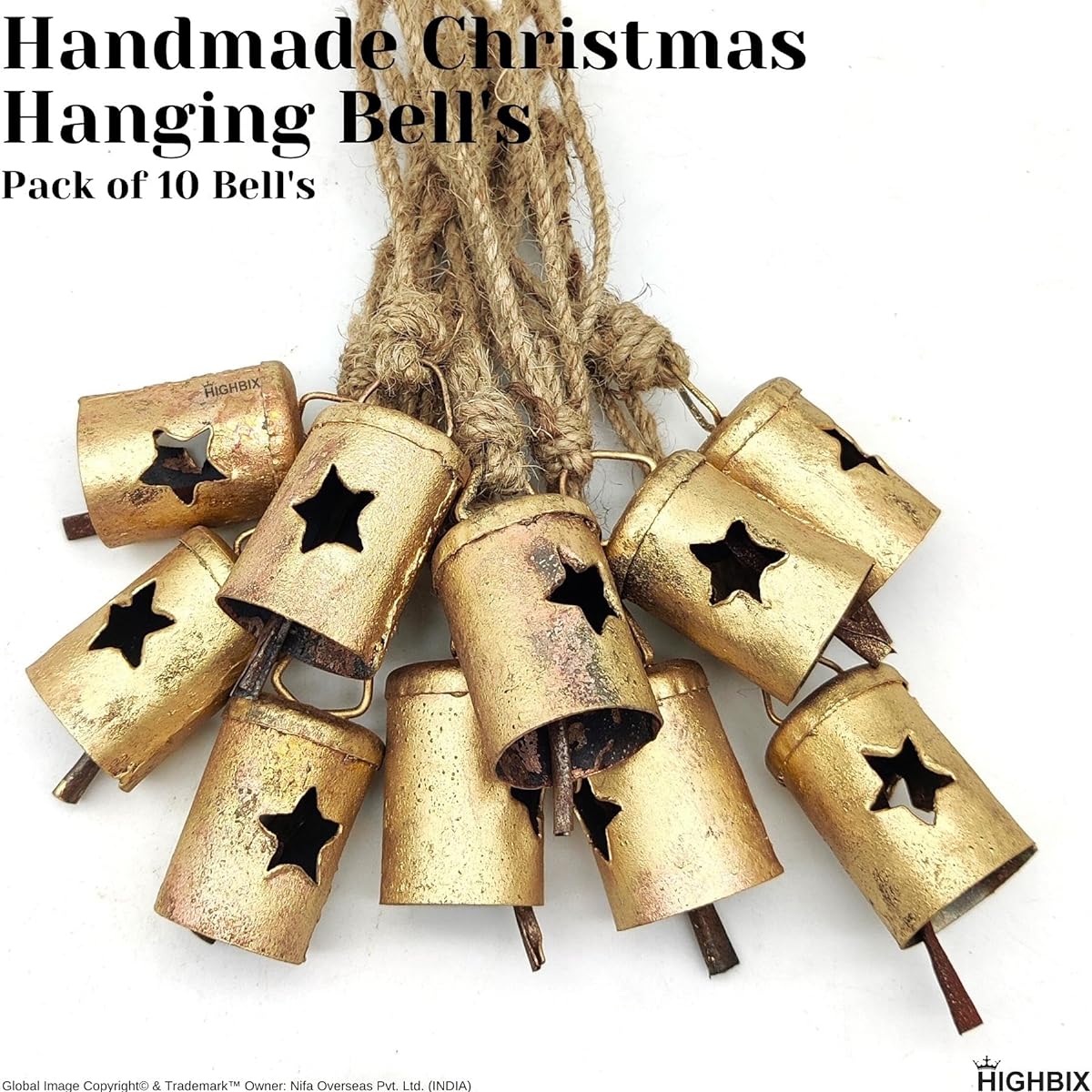 HIGHBIX Rusty Harmony Metal Bells 10pcs Vintage Handmade Rustic Lucky Christmas Hanging 2" Bells on Rope (Star Cylinder)