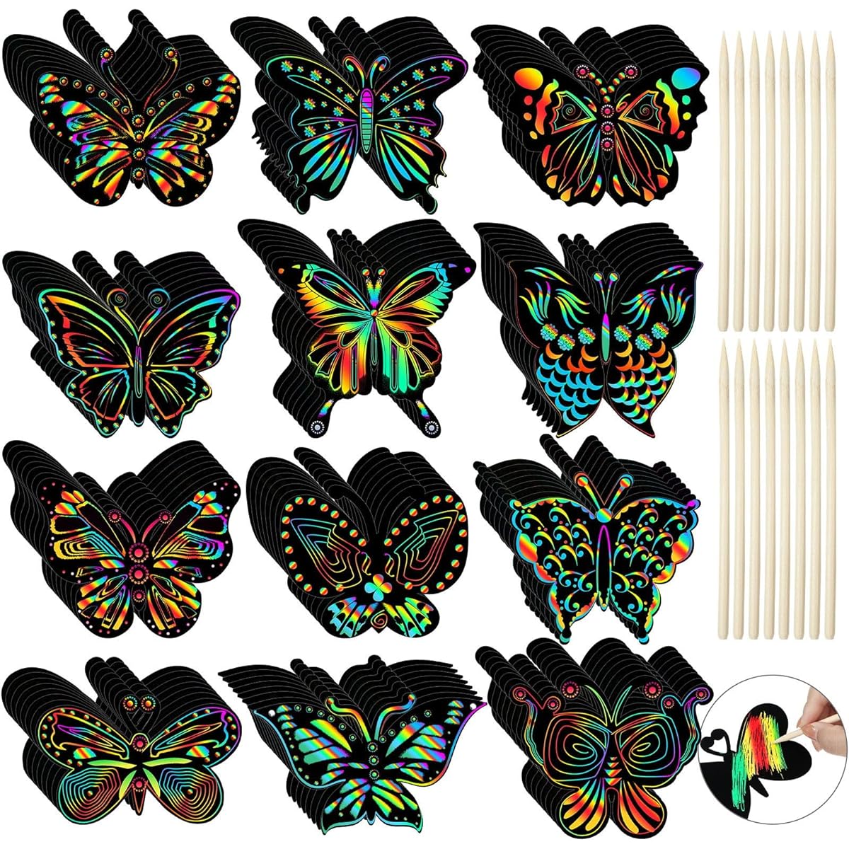 Sratte Butterfly Scratch Cards 120 Pieces 12 Styles Rainbow Spring Scratch Craft Butterfly Party Favors with 60 Bamboo Styluses for Kids Paper Craft Kit DIY Home Decoration Art Game
