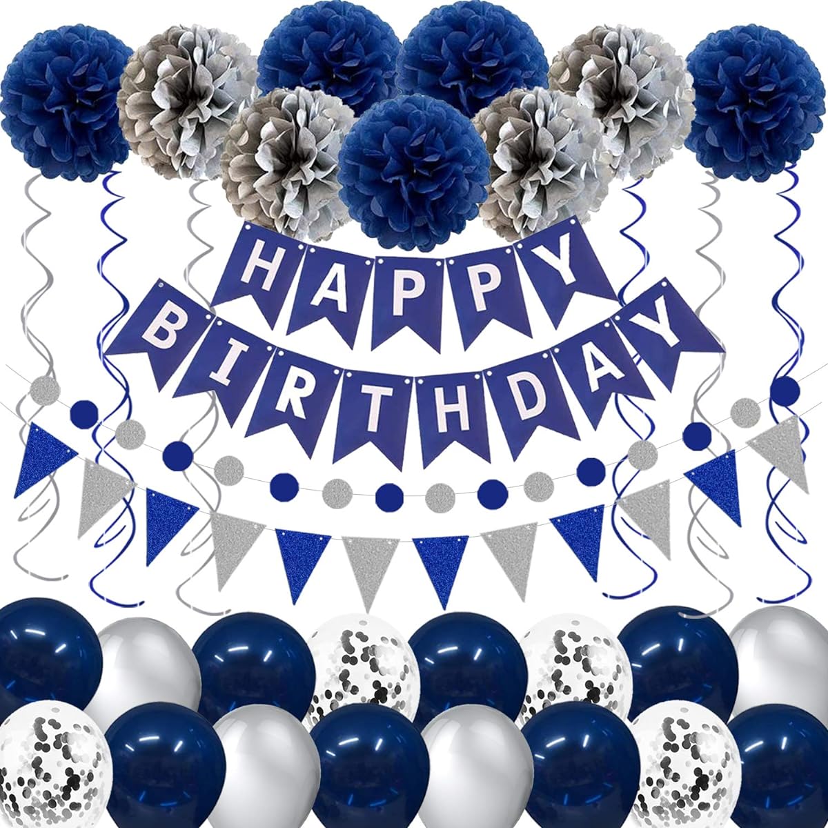 Navy Blue Silver Birthday Decorations Happy Birthday Party Supplies for Men Women Boys HAPPY BIRTHDAY Banner Tissue Paper Flower Pom Poms Pennants Circle Dots String Latex Balloons