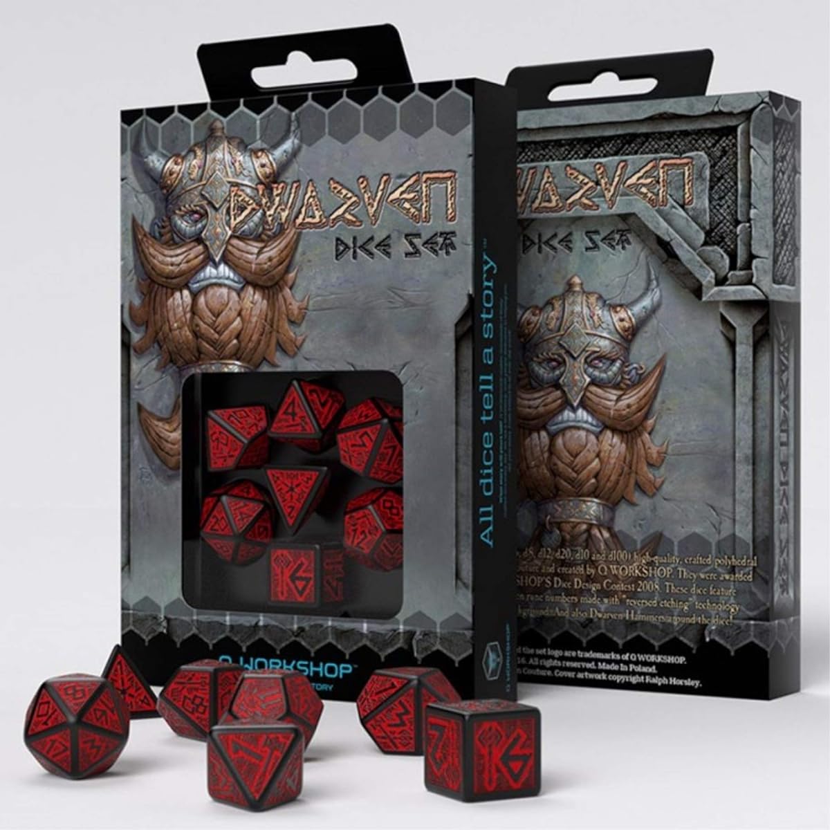 Q WORKSHOP Dwarven Black & Red RPG Ornament Dice Set 7 Polyhedrons