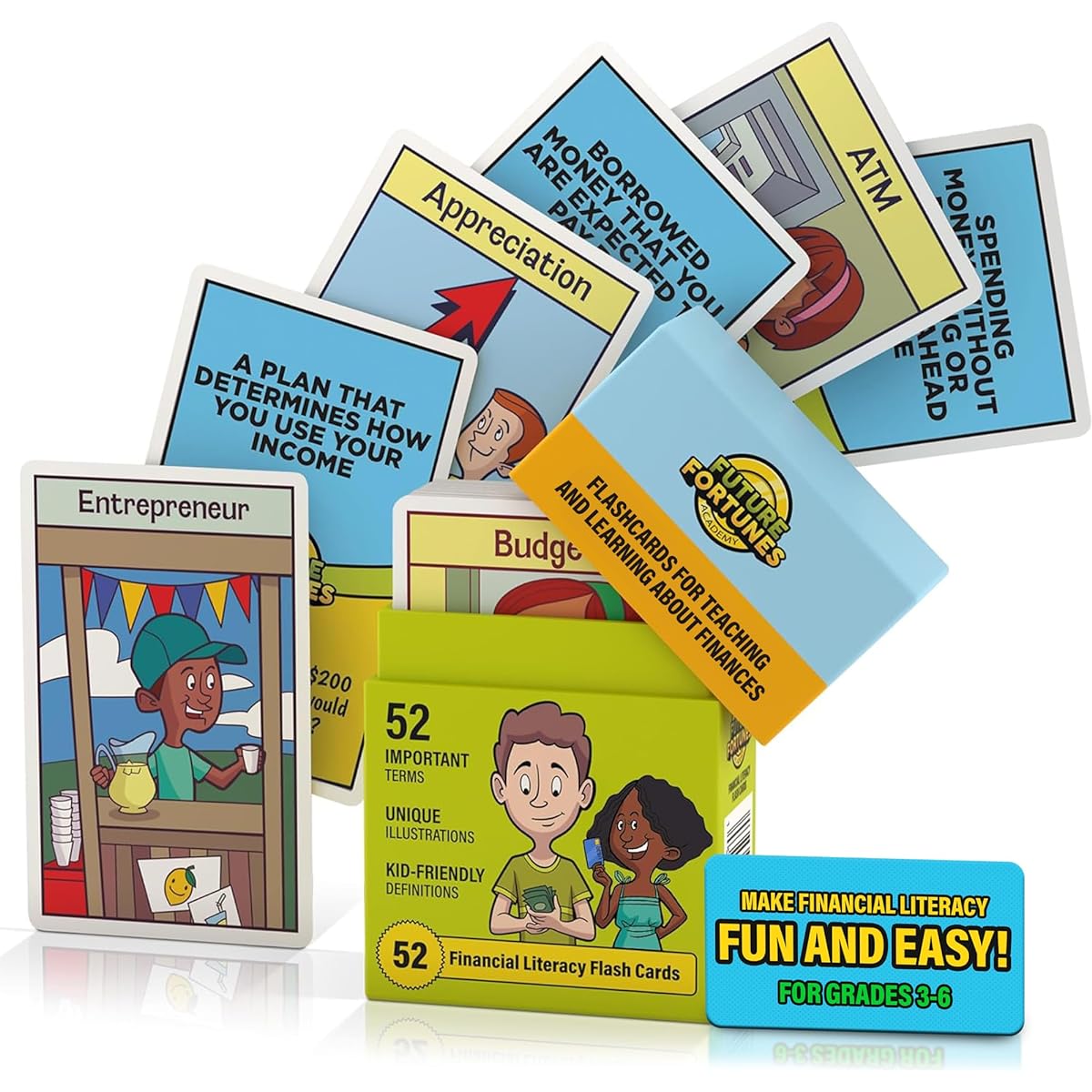 Future Fortunes Academy's Financial Literacy Flashcards - 52 Educational Game Cards - Money Learning Resources - Learn Cash Flow, Inventory, Savings, Budgeting and More - Perfect for Teaching Middle School Students