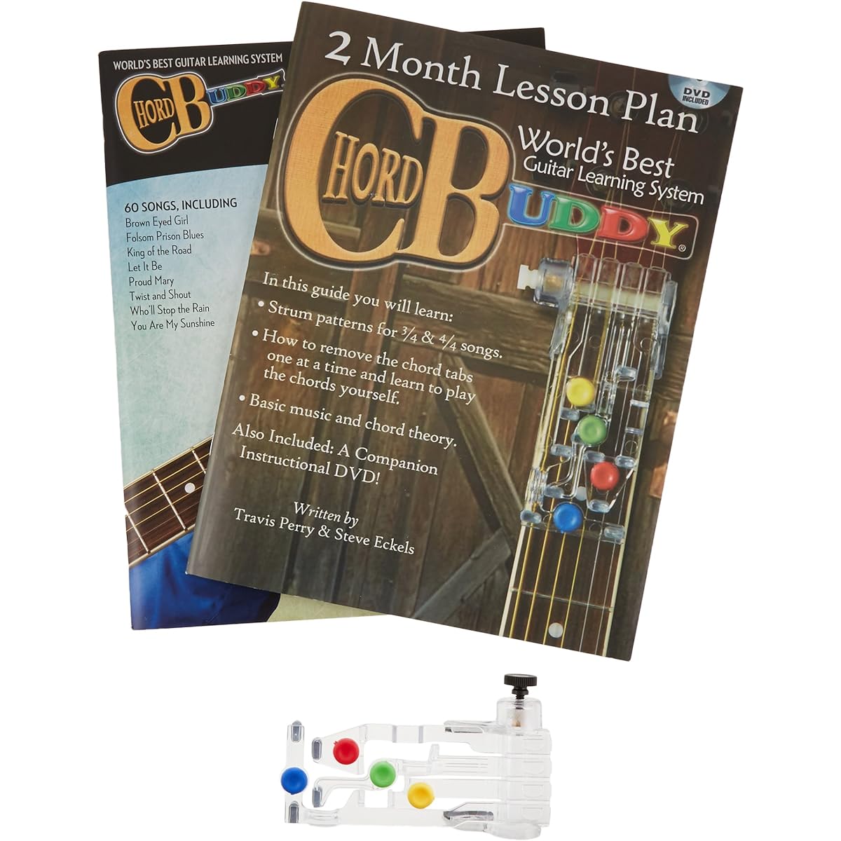 ChordBuddy guitar learning system for left-handed guitars. Includes ChordBuddy, 2-month lesson plan book, DVD, and songbook
