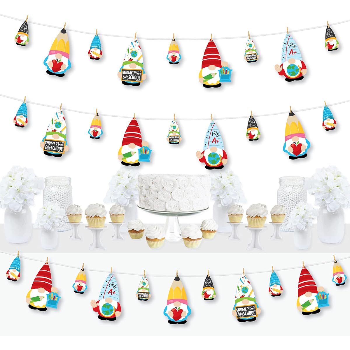 Big Dot of Happiness School Gnomes Teacher and Classroom DIY Decorations Clothespin Garland Banner 44 Pieces