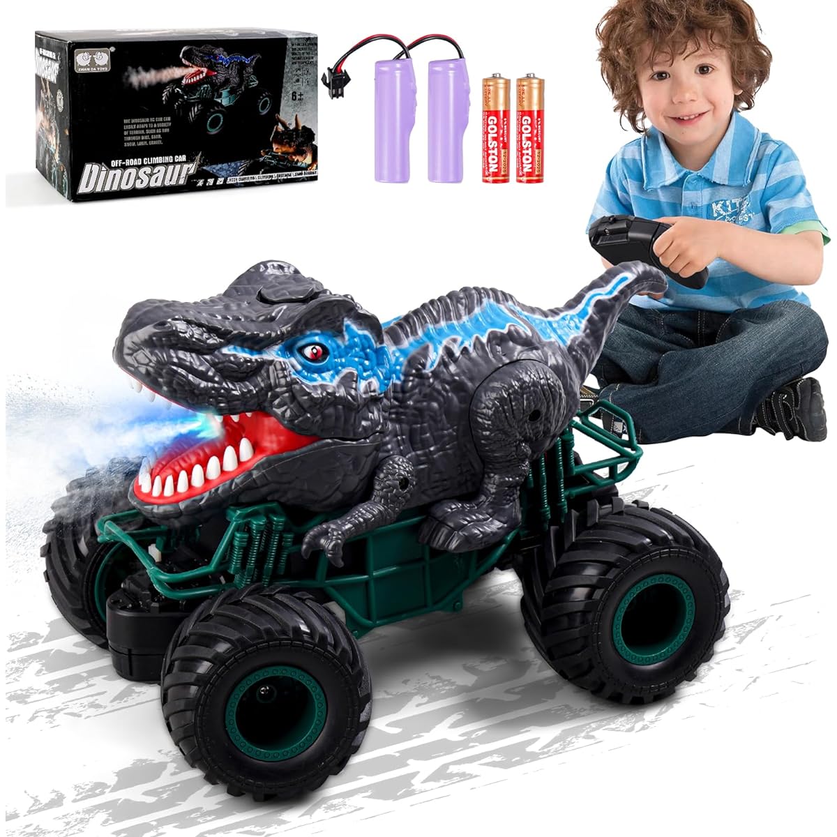 Cogwak Remote Control Dinosaur Car for Boys 2.4Ghz RC Monster Truck All Terrain Hobby Dinosaur RC Car Toy with Spray Light Sound Birthday Gift for Kids 3-12 Years Old (Gray)