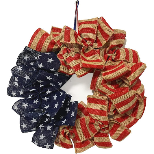 Summer Patriotic Front Door Wreath, 24" 4th of July Independence Day Decorative Wreath for Front Door, USA Patriotic Flag Burlap Farmhouse Wreath, Memorial Day Front Door Window Decor