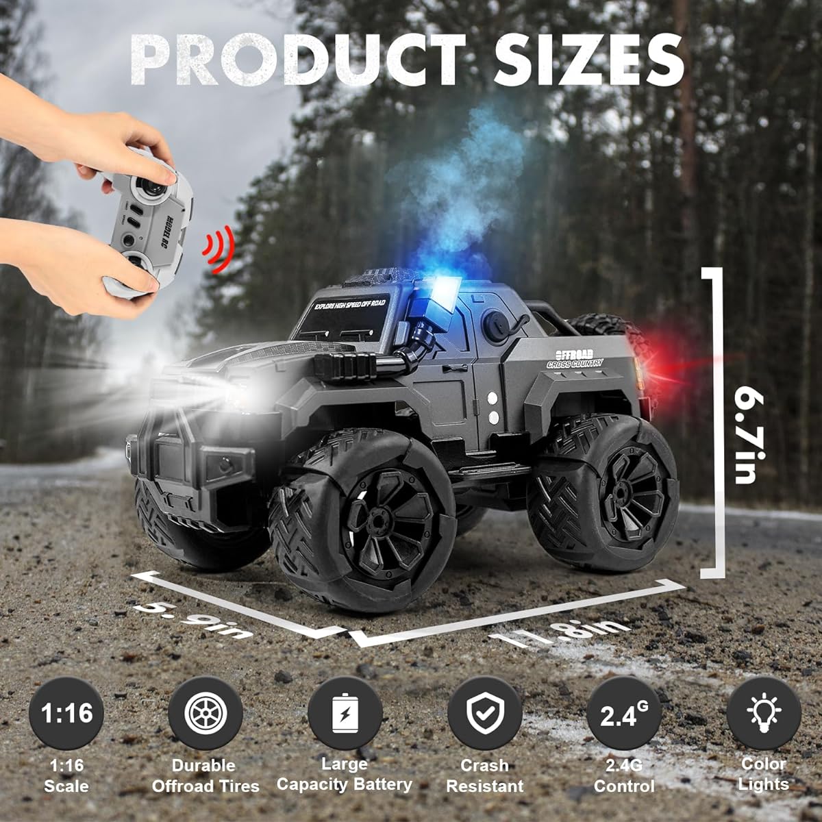 FUUY Remote Control Truck 1:14 RC Car with Spray/Snorkel/LED Light 60 Minutes Play 10KM/H 2.4GHz Remote Control Car All Terrain Off-Road SUV Car Toy Gift for Boys 8-12 Years Old