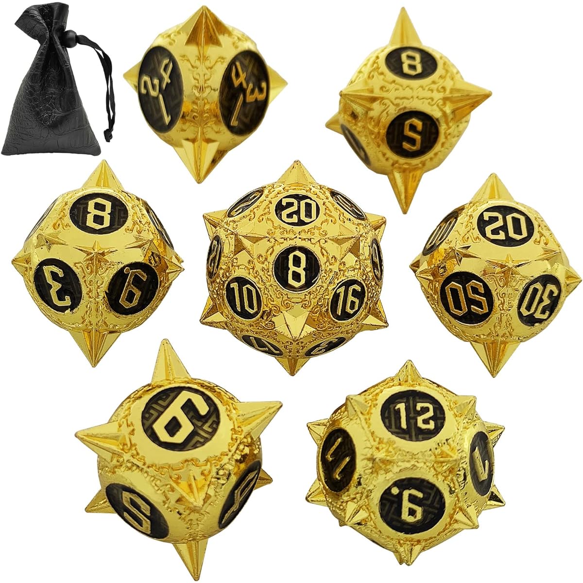 AJKDEUIH Metal DND Dice Set 7pcs D&D Dungeons and Dragons Polyhedral Dice Set D20 D6 TRPG MTG Role Playing Table Game Warhammer Pathfinder Meteor Hammer Design Gift Dice Bag Gold Black