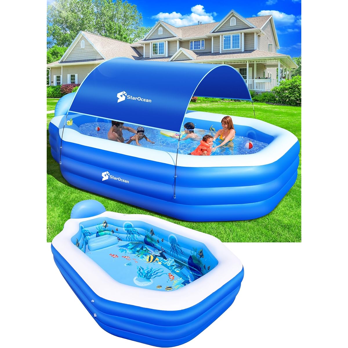 StarOcean Inflatable Pool with Canopy 2024 Large Inflatable Swimming Pool for Kids and Adults with Seat and Backrest, Durable Thickness 125" x 75" x 25" Inflatable Family Pool for Backyard Outdoor