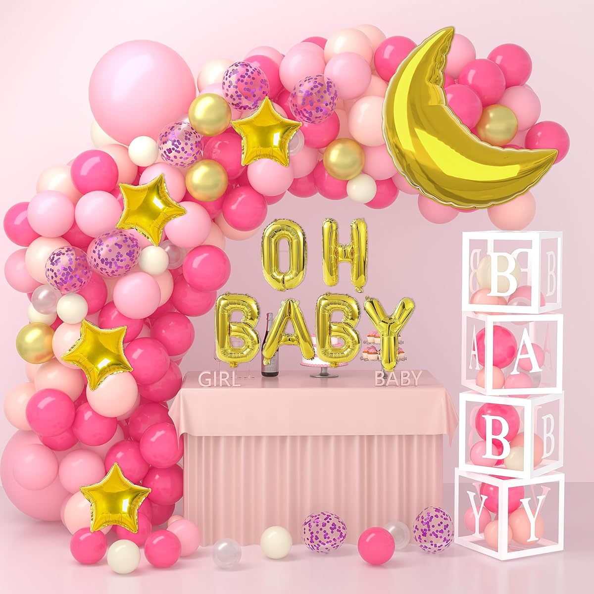 Joysnana Baby Shower Boxes 166 Pieces Party Decorations Individual Baby Block Designs for Boys/Girls Baby Shower Decoration Gender Reveal Balloon Arch Kit Birthday Party Backdrop (Pink)