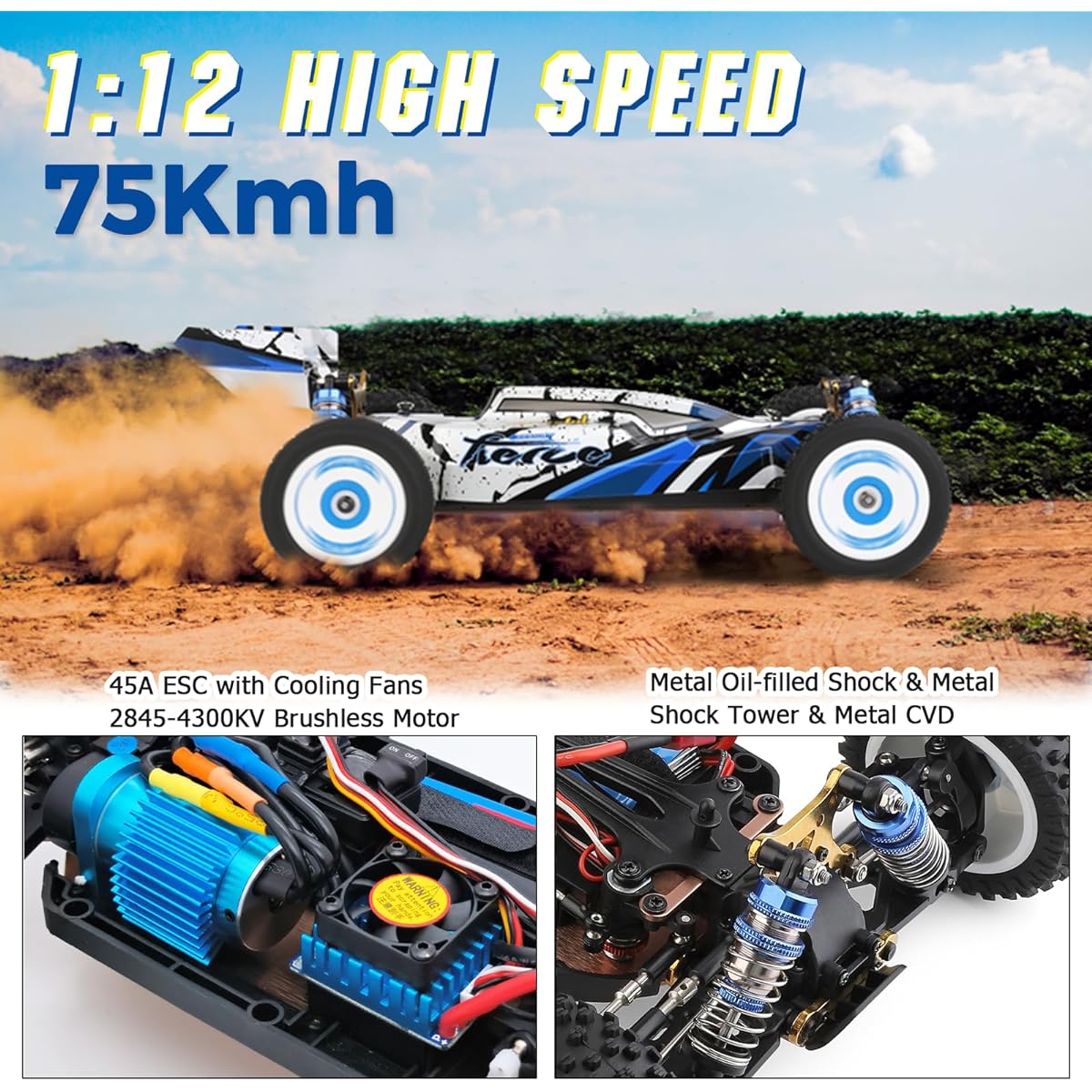 CKYSCHN WLtoys 124017(V2) High Speed RC Car 1/12 Brushless RC Car 75km/h 4x4 Hobby RC Buggy Car with Independent ESC for Adults High Speed Remote Control Truck Car with 2 Batteries