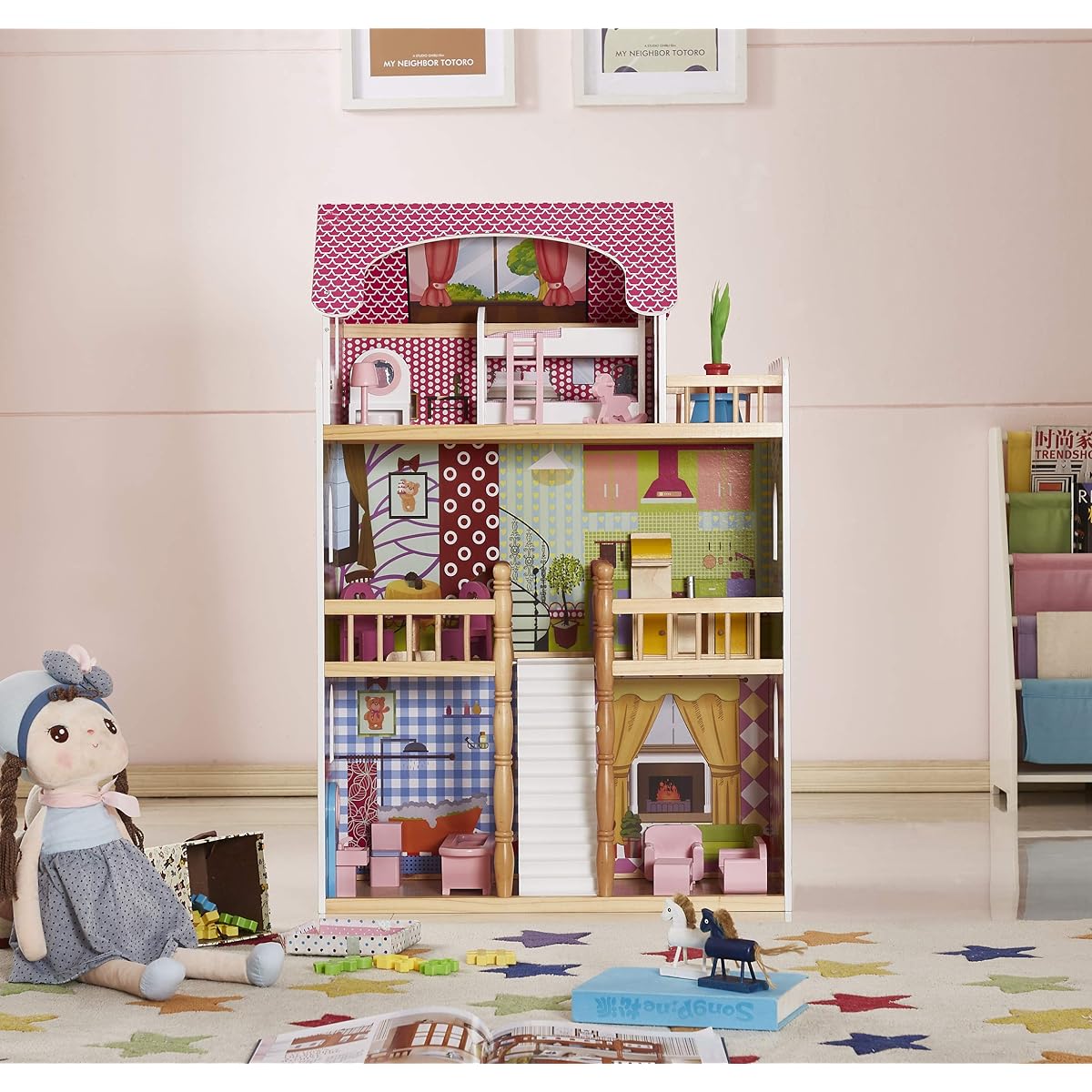 HILIROOM HILIROOM Wooden Dollhouse for Kids Girls Dream House with Stairs and Accessories for Ages 3+ Large Dollhouse 25.5" x 11.6" x 40"