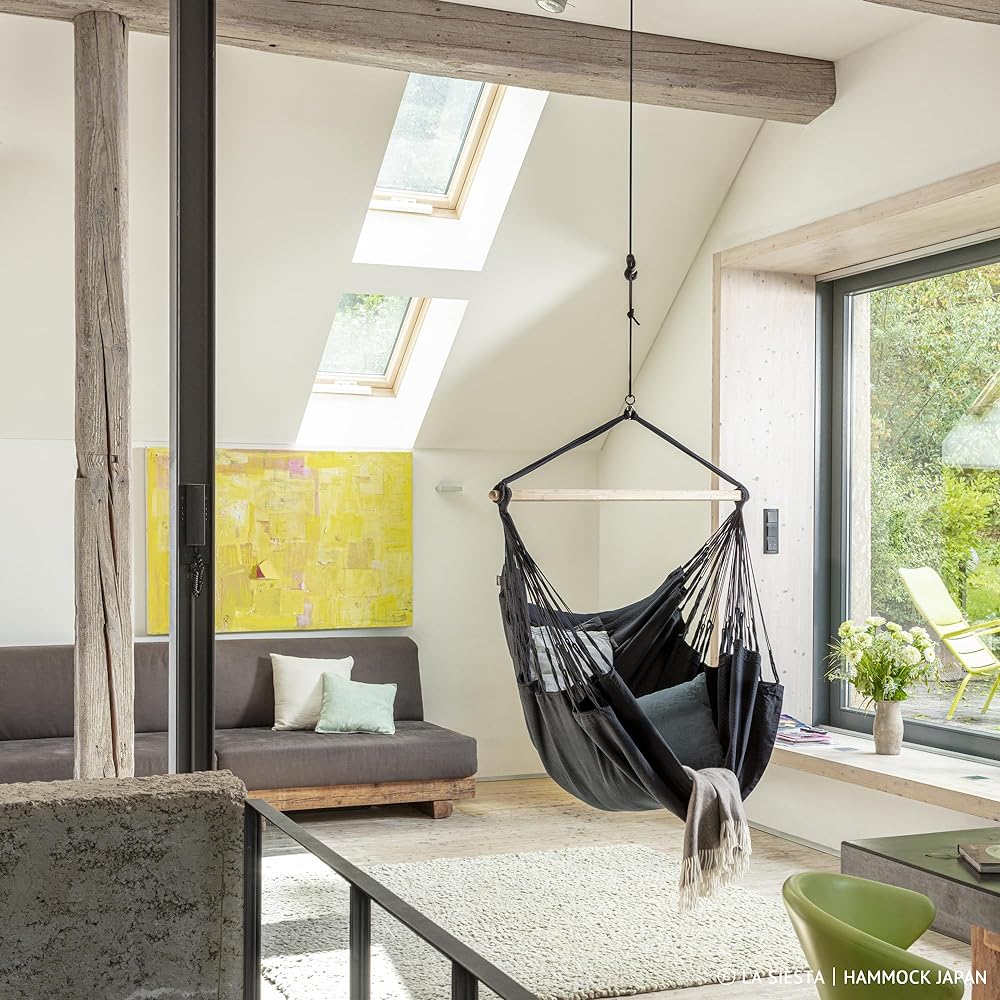 LA SIESTA Hammock Chair Havana Comfort Onyx/Black (Indoor/Organic Cotton) Perfect for sitting or lying down Hanging/Freestanding Load Capacity 130kg HAL18-X9