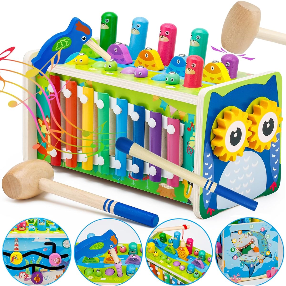 WEELIKEE 8-in-1 Wooden Hammering Pounding Toys for 1 2 3 4 Year Old Boys and Girls, Wooden Montessori Toys for Babies, Whack a Mole Game with Xylophone and Fishing Game Toddler Activities Gift