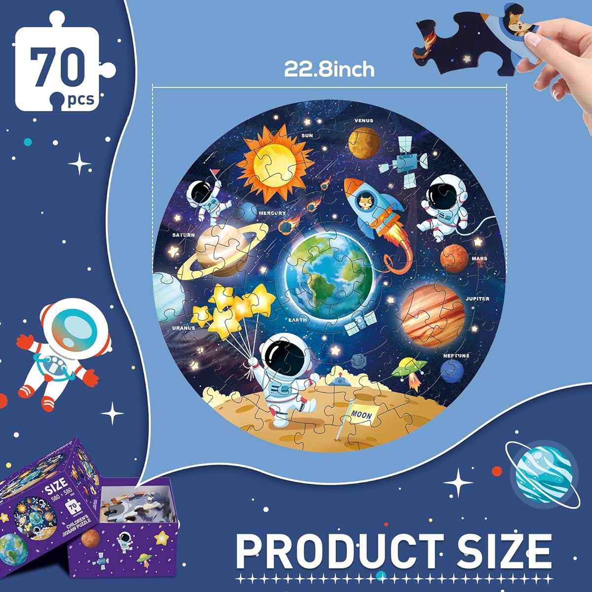 Solar System Round Jigsaw Puzzle Kids Floor Puzzle Large 70 Piece Space Planets Puzzle for Toddlers 3-5 Years Old Preschool Learning Education Christmas Birthday Gift for 4-8 Year Old Boys/Girls