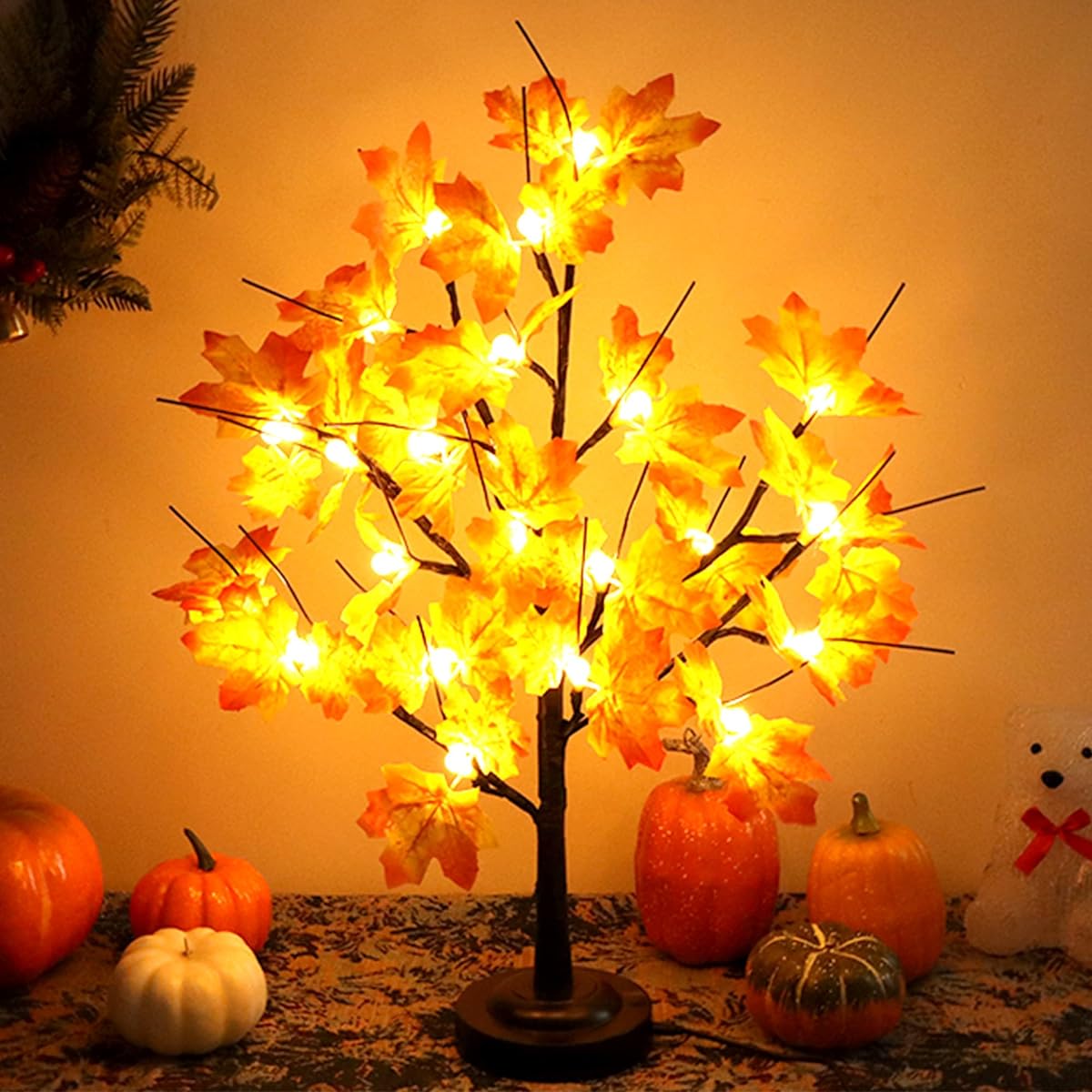 Mycznsyard Maple Tree Lights Fall Thanksgiving Decoration 24 LED Lighted Maple Tree with Leaves 2ft Maple Light Up Tree with 8 Lighting Modes USB & Battery Powered Home Decoration Holiday Party Gift Idea