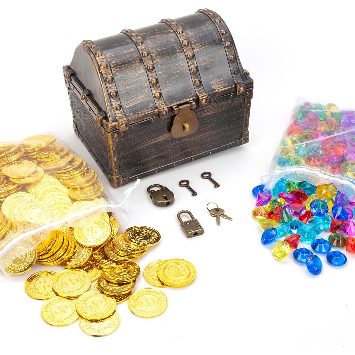 AiFanS Pirate Treasure Chest with 144 Gold Coins and 144 Gems Kids Adventure Game for Theme Party
