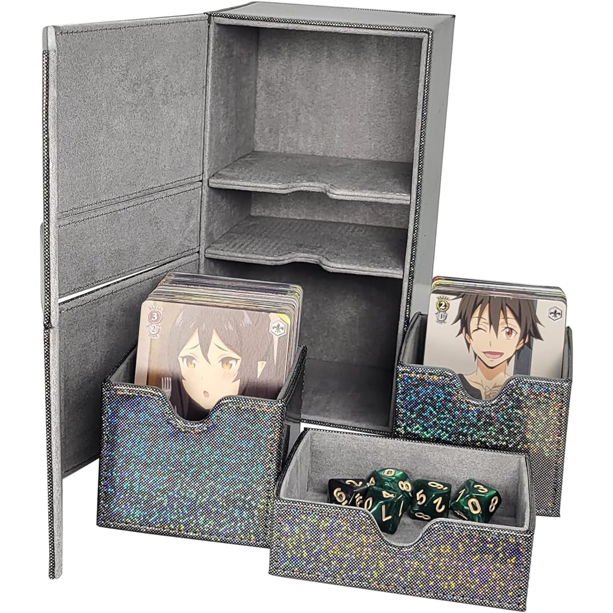Dmoicols Flash Leather Card Deck Box with Dice Tray for TCG/MTG/Yugioh/Magic Trading Card Game, Laser Glitter Card Storage Box Perfect for Commander Deck, Holds Over 350 Sleeve Cards (Glitter Black Points)