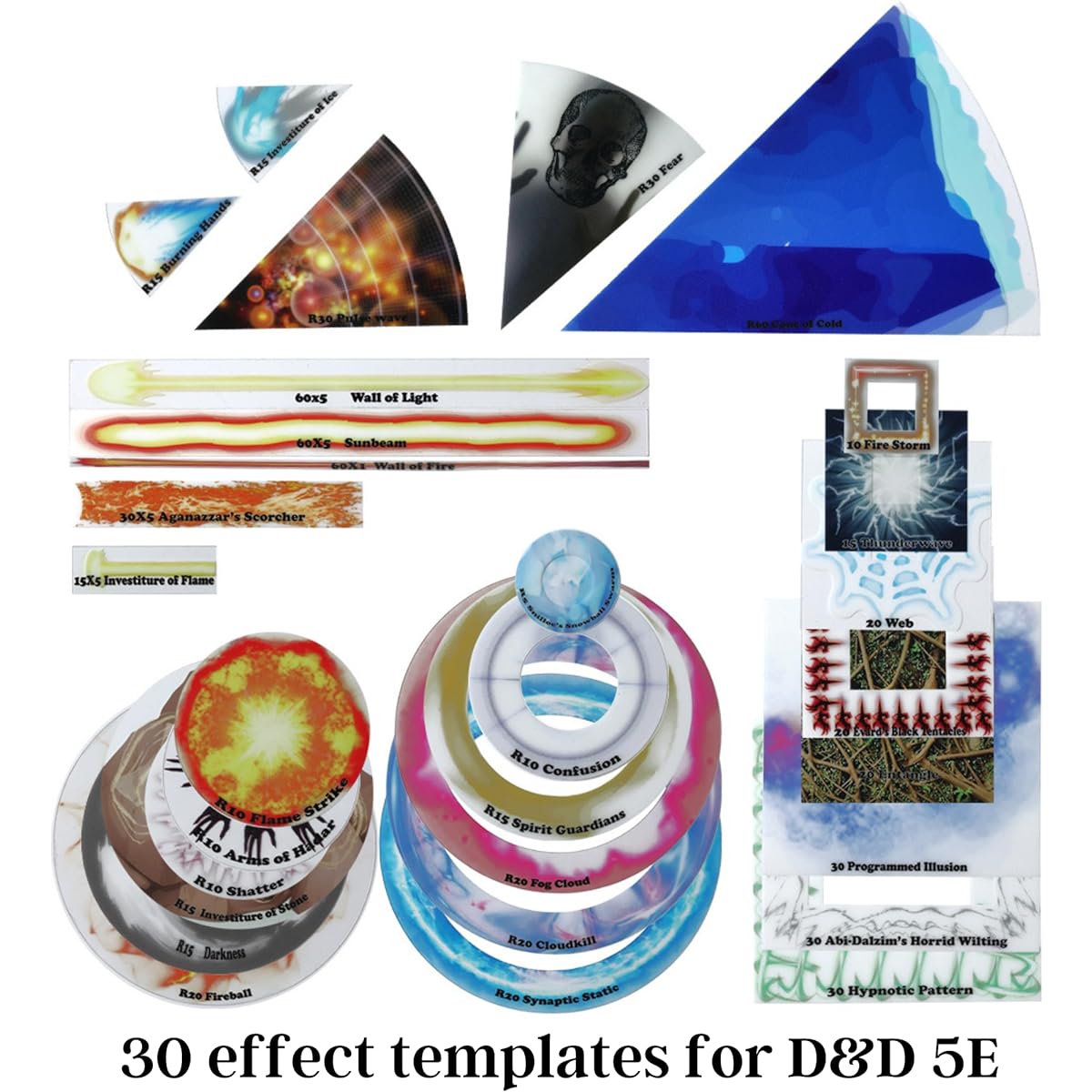 Upgrade AOE Spell Effect Templates for D&D 5E - Set of 30 PVC Area of Effect Damage Markers for Tabletop Dungeons & Dragons, Pathfinder, Warhammer, RPG Game Accessories