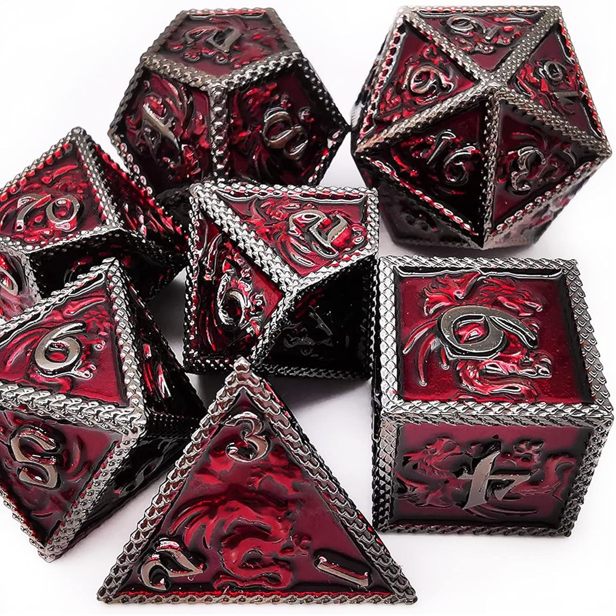 HAOMEJA Metal Dice Set 7 Dragons Polyhedral Dice DND Dice Suitable for D&D Dungeons & Dragons (Black Dark Red)