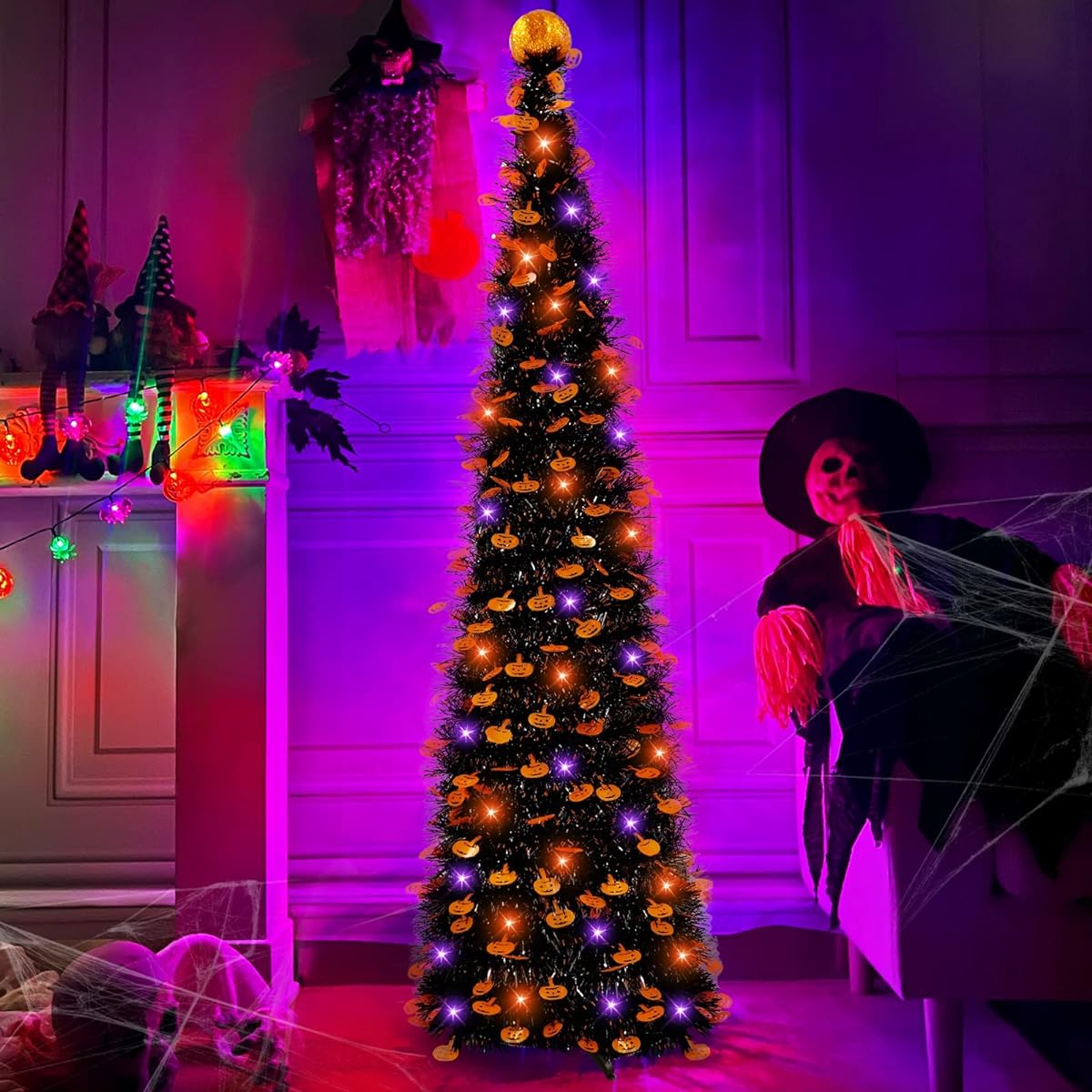 TURNMEON 5ft Black Tinsel Halloween Tree with 50 LEDs, Purple String Lights, Timer, Pumpkin Ornaments, Top Pop Up Artificial Pencil Tree, Halloween Scary Decorations for Home Fireplace Party Indoor Outdoor