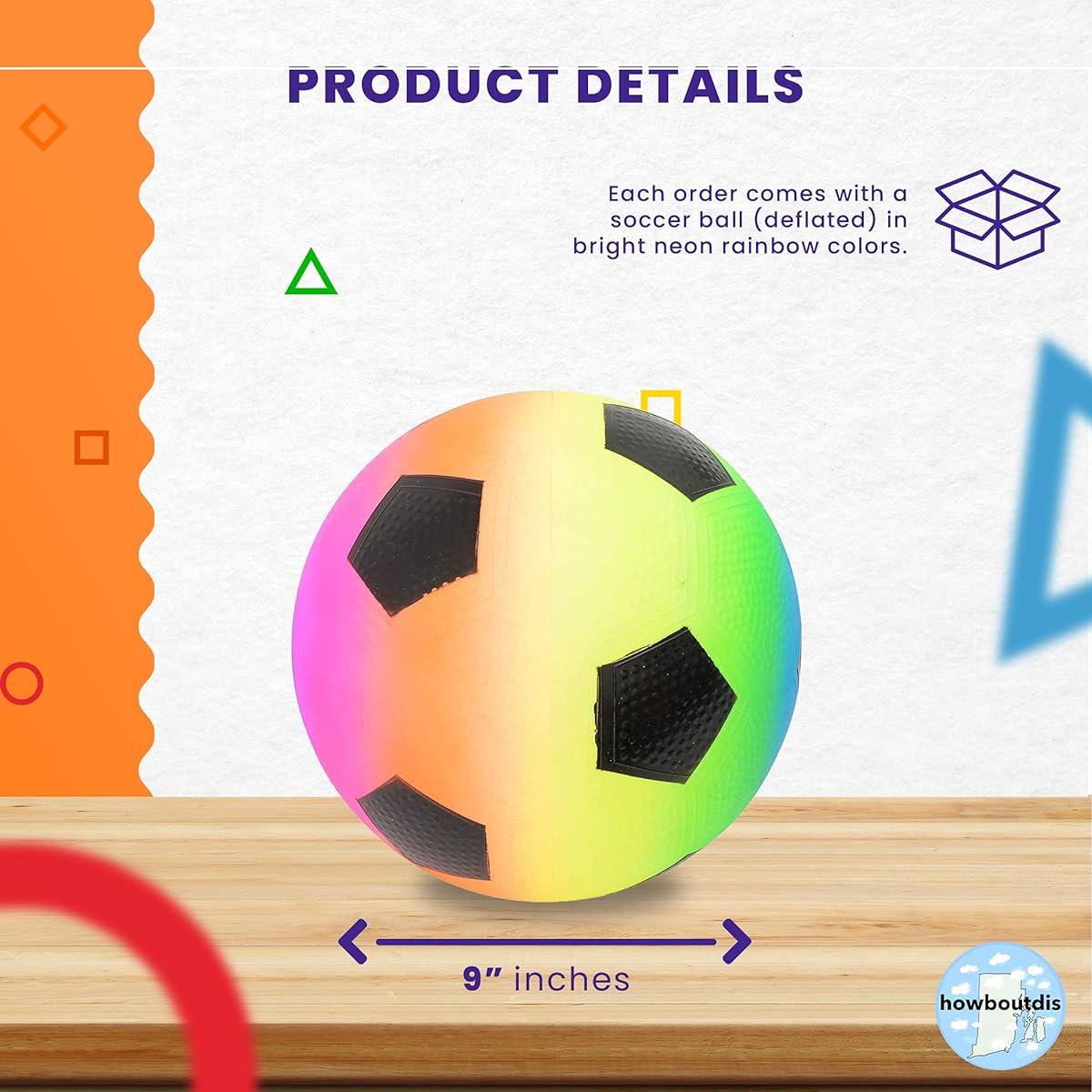 9" Rainbow Inflatable Soccer Ball for Kids - Fun Backyard Game Ball in Bright Neon Colors - Ages 3+