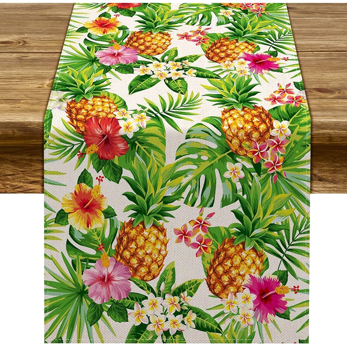Linen Summer Pineapple Table Runner Tropical Hawaiian Luau Indoor Outdoor Party Table Cover Decor for Home Kitchen Dining Room (13" x 108")