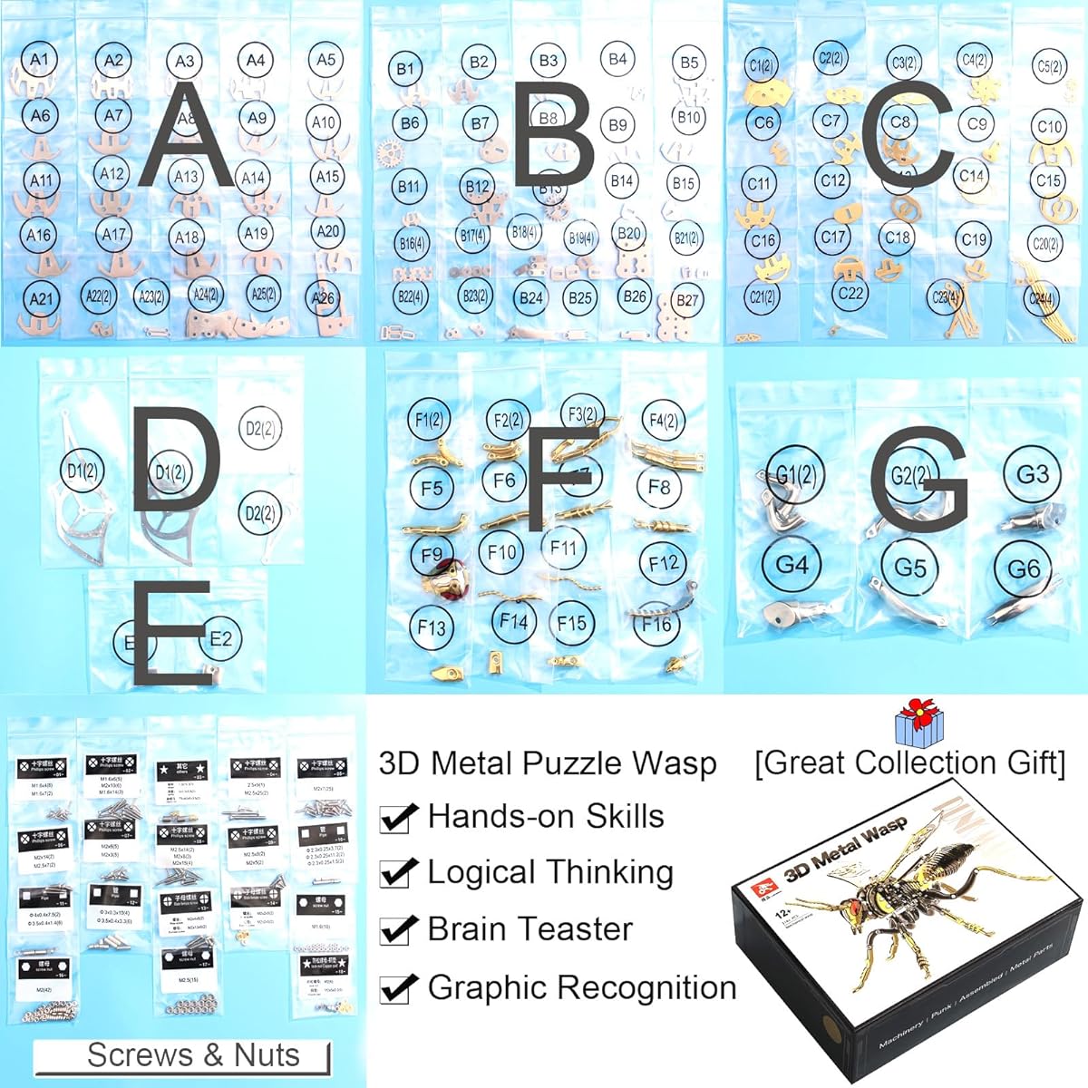 OreilleStar 3D Metal Puzzle for Adults Arctic Giant Hornet Assembly Model Kit Mechanical Hornet Building Blocks Difficult DIY Assembly Men's Birthday Gift (3D Metal Hornet-Silver)