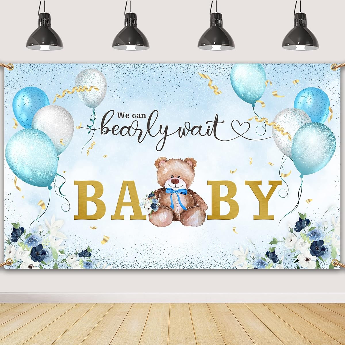 We Can Bearly Wait Baby Shower Decorations for Boys with Teddy Bear, Sky Blue and White Balloons, Backdrop Banner, Sign, Photography Background, Baby Shower Party Supplies
